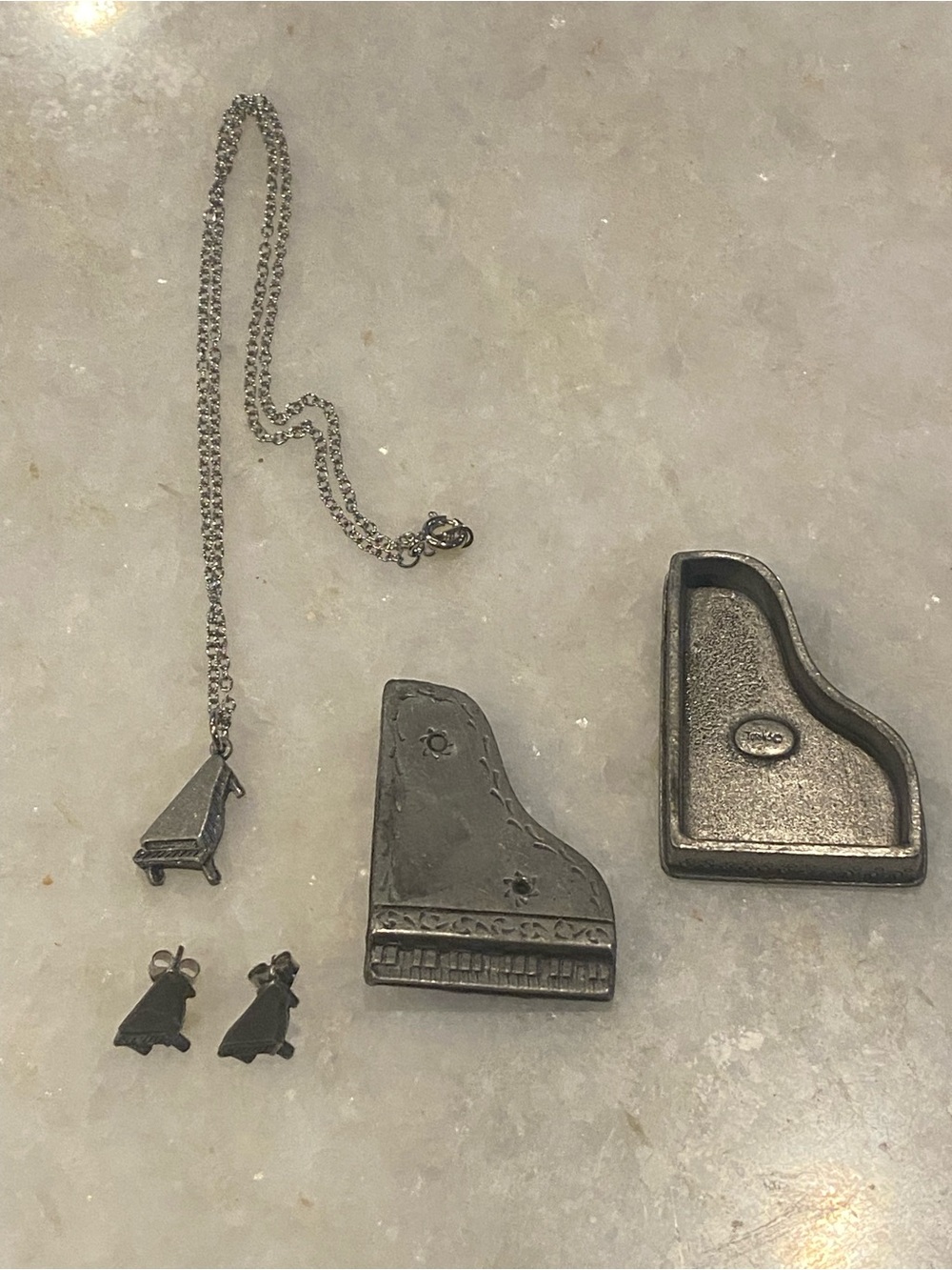 Vintage Torino Pewter Grand Piano Jewelry Set Necklace Earrings Brooch Box
